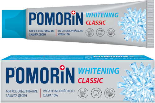 Pomorin Classic Whitening с безопасным абразивом деликатно отбеливает зубы, защищает эмаль от потускнения и ухаживает за деснами