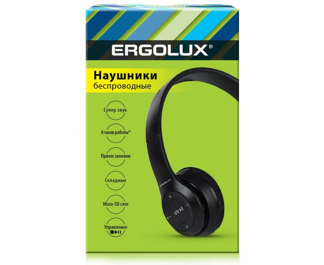 ERGOLUX наушники беспровод полноразмер, микрофон, акк. 250mAh, Bluetooth5.3 MP3 черн ELX-BTHP01-C0