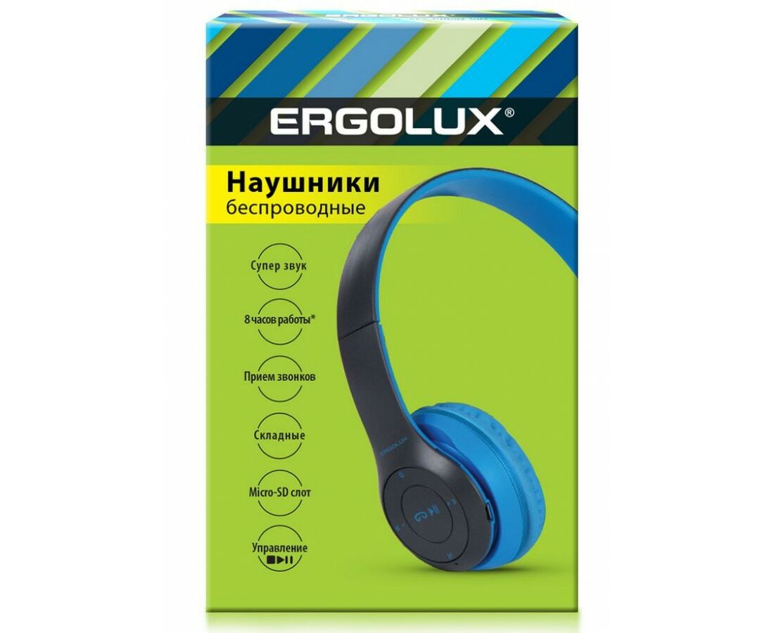 ERGOLUX наушники беспровод полноразмер, микрофон, акк. 250mAh, Bluetooth5.3 MP3 синий ELX-BTHP01-C01