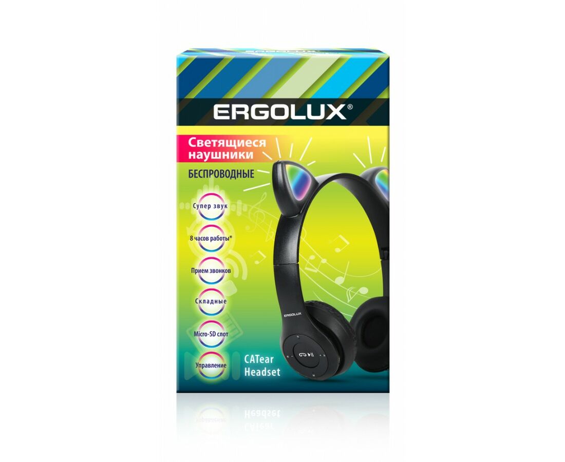 ERGOLUX наушники беспровод полноразмер, ушки микрофон, акк. 250 mAh Bluetooth 5.3 MP3 черные, 15457