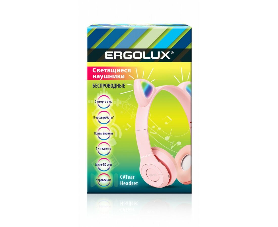 ERGOLUX наушники беспровод. полноразмер., ушки микрофон, акк. 250 mAh Bluetooth 5.3 MP3 розовые, 15459