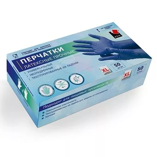 Перчатки латексные прочные High Risk 50шт(25пар),синие,разм M,коробка ...