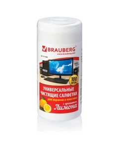 582655 - 511688 Чистящие салфетки BRAUBERG д/экранов и пластика, универсальные, ЛИМОН, в тубе 100шт, влажные, (1)