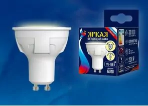 637236 - Uniel ЯРКАЯ GU10 220V 6W(500lm 110°) 3000K 2K матовая 50x58 термопластик LED-JCDR 6W/WW/GU10/FR РФ (1)