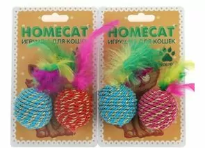 727594 - Игрушка для кошек Мячи веревочные с пером гремящие 4см (2шт/уп) HOMECAT CTM00172 (1)