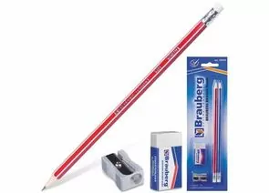 323653 - Набор BRAUBERG 2 карандаша (корп.из дерева)+стирательная резинка+точилка, на блистере, арт. 180338 (1)