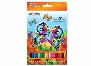 664877 - Карандаши цветн. BRAUBERG Wonderful butterfly, 18цв., заточ., карт. уп. с блестками, 180550 (1)
