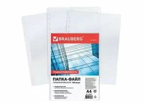 748157 - Папки-файлы перфорированные, А4, BRAUBERG, комплект 100 шт., гладкие, 45 мкм, 226831 (1)