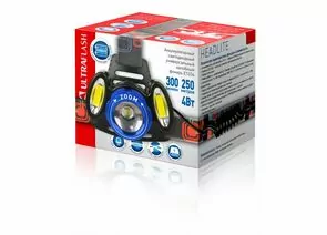 702990 - Ultraflash фонарь налобный E1334 (акк.2x18650) 3св/д 4W(300lm) 250м, фокус, 4 реж, металл/синий (1)