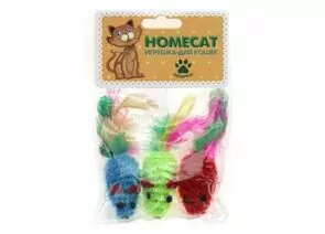 727592 - Игрушка для кошек Мышки разноцветные с пером гремящие 6см (3шт/уп) HOMECAT CT12097 (1)