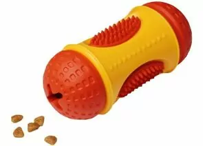 727609 - Игрушка для собак Фигурный цилиндр (отверстие для лакомств) 13см желтый/красный HOMEPET 145Y020YR (1)