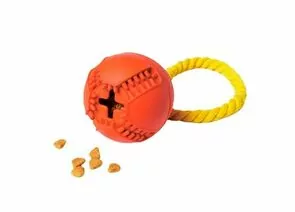 805754 - Игрушка для собак резиновая Мяч с канатом с отверстием для лакомств красный HOMEPET 145Y014R (1)
