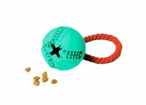 805755 - Игрушка для собак резиновая Мяч с канатом с отверстием для лакомств бирюзовый HOMEPET 145Y014T (1)