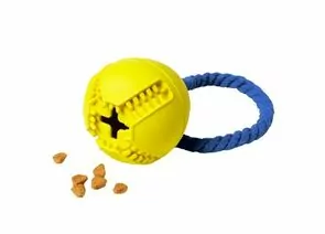 805756 - Игрушка для собак резиновая Мяч с канатом с отверстием для лакомств желтый HOMEPET 145Y014Y (1)