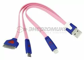 608001 - Кабель USB(A)шт. 3 в 1 светящиеся разъемы для iPhone 5/4/microUSBшт. 0.15М розовый, (10!) 18-4251 (1)