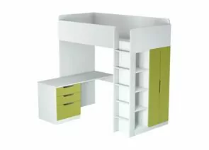 833370 - Кровать-чердак Polini kids Simple с письменным столом и шкафом, белый-зеленый (мест 8) (1)