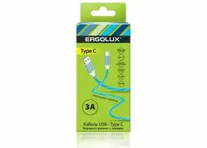 886682 - Дата-кабель USB(A)шт. - Type-Cшт. ERGOLUX ELX-CDC02-C06 3А 1.2м, шнур LED синий, коробка (1)