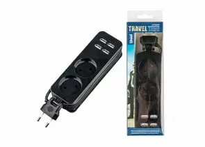 893163 - Uniel Travel сет.удл. ПВС 2x0.5 2роз. 1,5м 10A черный S-CT2-1,5U BLACK (1)