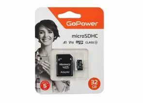 867433 - Карта памяти microSD GoPower 32GB Class10 60 МБ/сек V10 с адаптером 00-00025675 (1)