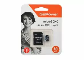 867438 - Карта памяти microSD GoPower 64GB Class10 70 МБ/сек V30 с адаптером 00-00025676 (1)