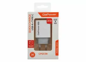 899262 - Зарядное устройство сетевое GoPower GPQC08, 1USB+1Type-C 20W QC3.0 белый (1)
