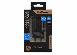 899263 - Зарядное устройство сетевое GoPower GPQC09, 1USB+1Type-C, 35Вт, QC3.0 GAN, черный (1)