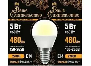 867011 - ВАШЕ СИЯТЕЛЬСТВО лампа св/д шар G45 E14 5W(480lm) 2700K 2K 78x45 матов, пласт/алюм. IC 2г cz867011 (1)