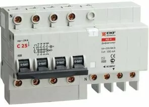 495682 - EKF диф. автомат АД-4 25А/30мА (хар-ка C, УЗО типа AC, электрон.) 4,5кА DA4-25-30-pro (1)