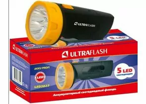 410511 - Ultraflash фонарь ручной LED3827 (акк. 4V 0.7Ah) 5св/д, черный+желт./пластик, вилка 220V (1)