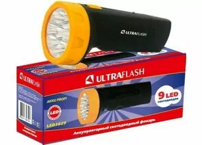 410512 - Ultraflash фонарь ручной LED3829 (акк. 4V 0.7Ah) 9св/д, черный+желтый/пластик, вилка 220V (1)