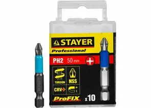 529028 - Биты STAYER PROFESSIONAL ProFix Phillips, тип хвостовика E 1/4, № 2, L=50мм, 10шт (1)