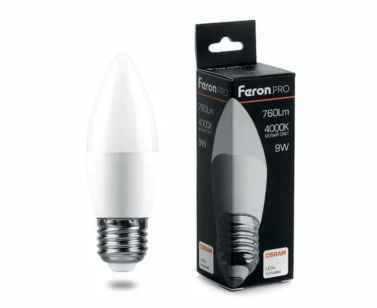 757954 - Feron.PRO свеча C37 E27 9W(760lm) 4000K 4K матовый 100x37 OSRAM LED LB-1309 38063 (1)