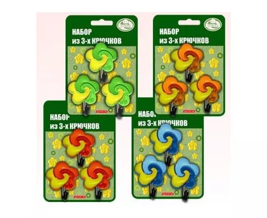 553406 - Крючки самоклеющиеся Цветочки 3шт/уп, цена за уп, пластик/металл BL микс PY27-148 Мультидом (1)