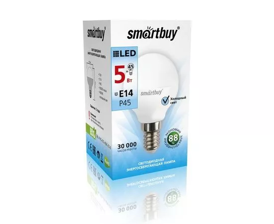 553553 - Лампа св/д Smartbuy шар P45 E14 5W(400lm) 4000K матовая пластик SBL-P45-05-40K-E14 (1)