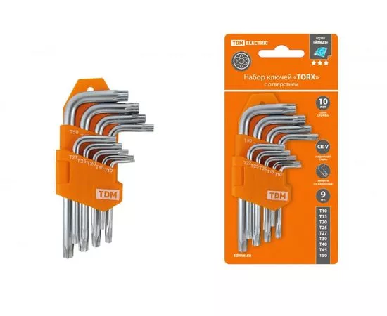 555347 - TDM Алмаз набор ключей типа «TORX» с отверстием, 9 шт. Т10-Т50, держатель в блист. SQ1021-0102 (1)