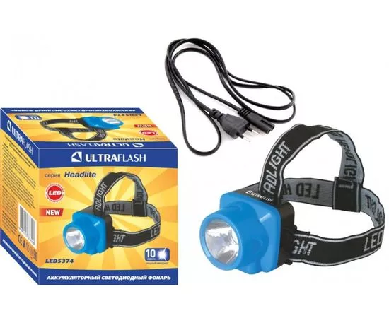 580397 - Ultraflash фонарь налобный LED5374 (акк.4V 0.35Ah) 1св/д 0.5W синий /пластик, отражат., з/у 220V (1)