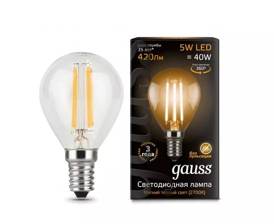 581770 - Лампа св/д Gauss Filament Шар G45 E14 5W(420lm) 2700K 80x45 филамент (нитевидная), прозр. 105801105 (1)