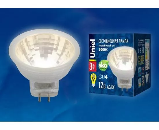 617855 - Лампа св/д Uniel G4 MR11 220V 3W(200lm 110°) 3000K пластик 35x35 без стекла LED-MR11-3W/WW/GU4/220V (1)