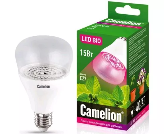 621727 - Camelion лампа св/д для рассады и растений E27 15W(120°) 25мкм/с прозрач138x80 ФИТО LED15-PL/BIO/E27 (1)