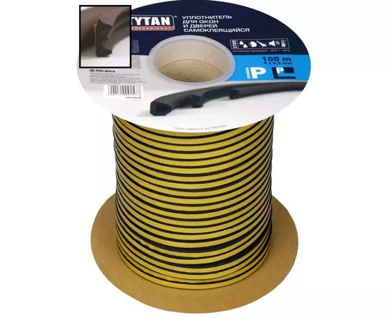 636692 - Уплотнитель E-профиль 9*4мм TYTAN (Титан) 150м (2*75м) черный резиновый самокл., арт.91515 (1)