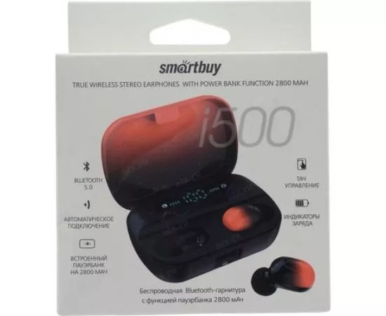 763449 - Внутриканальная TWS Bluetooth-гарнитура Smartbuy i500, Touch, Power bank 2800мАч, черн-крас SBH-3023 (1)