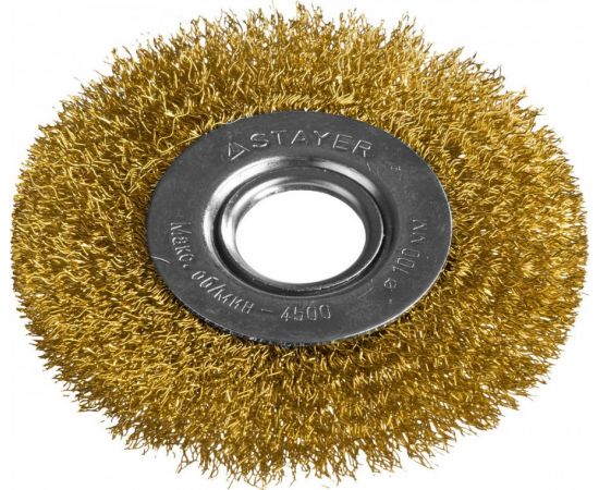639186 - STAYER PROFESSIONAL. Щетка дисковая д/УШМ, витая стальная латунирован проволока 0,3мм, 100ммх22мм (1)