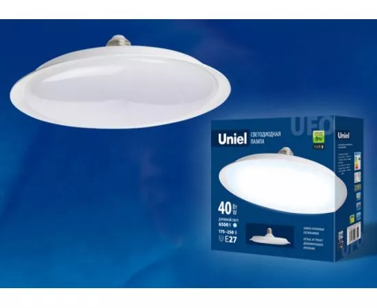 699166 - Лампа св/д Uniel UFO U220 E27 40W(3200lm 120°) 6500К 6K матовая 216x76 LED-U220-40W/6500K/E27/FR (1)