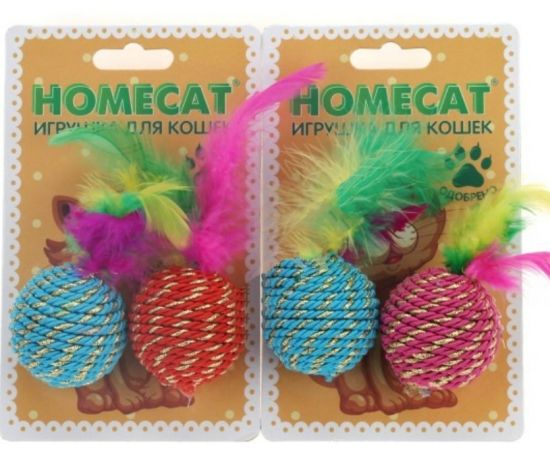 727594 - Игрушка для кошек Мячи веревочные с пером гремящие 4см (2шт/уп) HOMECAT CTM00172 (1)