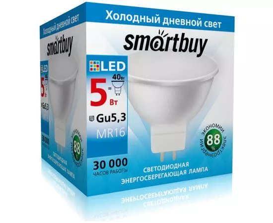 639064 - Лампа св/д Smartbuy MR16 GU5.3 220V 5W(500lm) 6000K 6K 50x50 пластик SBL-GU5_3-05-60K-N (1)