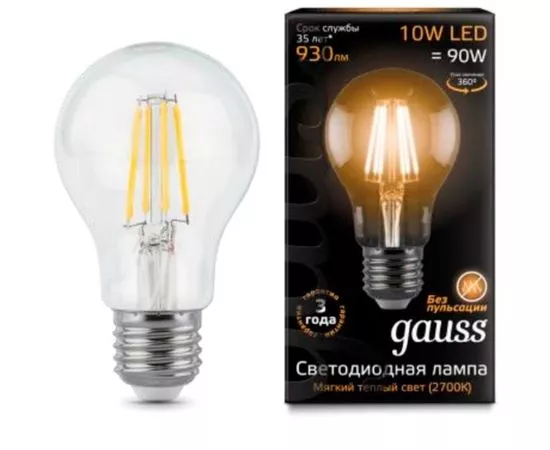 645935 - Gauss Filament ЛОН A60 E27 10W(930lm) 2700K 2K прозр. 105x60 филамент (нитевидная), 102802110 (1)