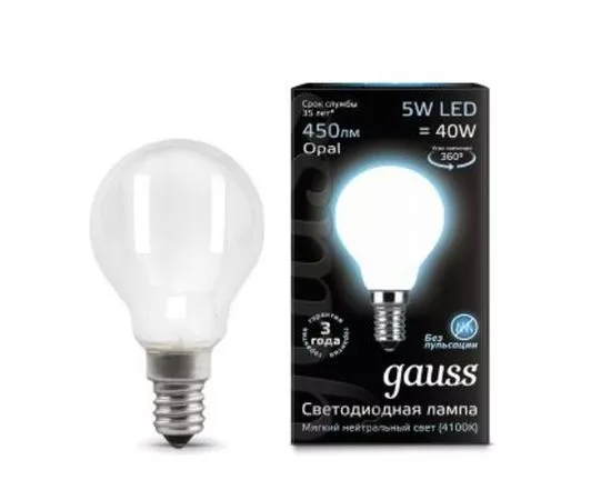 645962 - Gauss Filament Шар G45 E14 5W(450lm) 4100K 4K матов. 80x45 филамент (нитевидная), 105201205 (1)