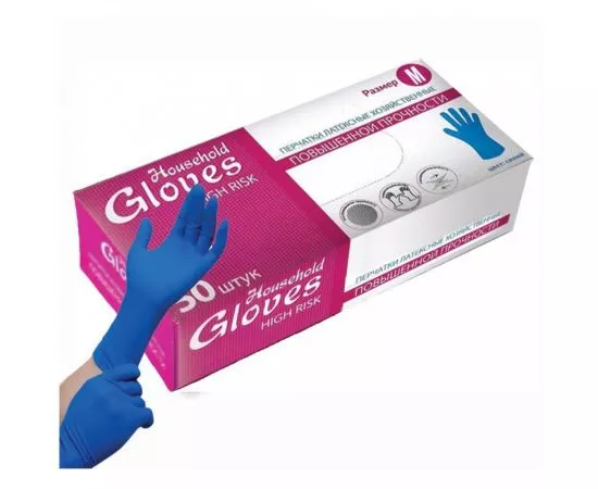 734582 - Перчатки латексные прочные High Risk Household Gloves 50шт (25пар) М, цена за кор,синие KHR002 (1)