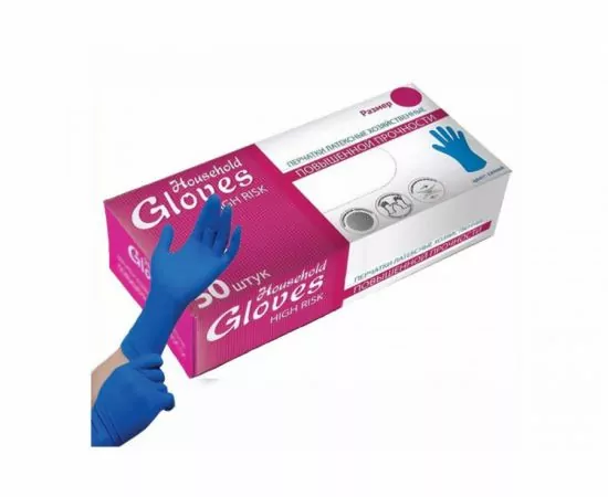 790203 - Перчатки латексные прочные High Risk Household Gloves 50шт (25пар) XL, цена за кор,синие KHR004 (1)