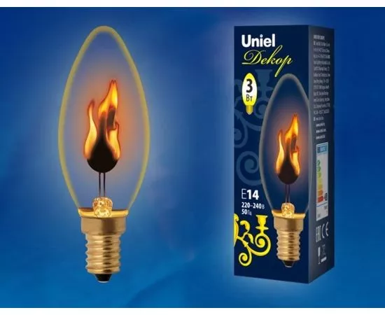 648470 - Лампа накал. Uniel свеча декоративная эффект пламени E14 3W прозр. IL-N-C35-3/RED-FLAME/E14/CL (1)